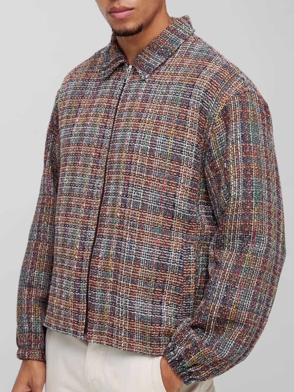 boohooMAN Boucle Zip Overshirt Multicolor Tweed Large